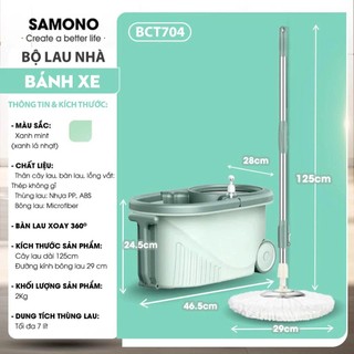 (Nâng cấp) Bộ lau nhà xoay 360 độ - Kèm thùng vắt có 2 bánh xe, lồng inox Bonbox BCT704