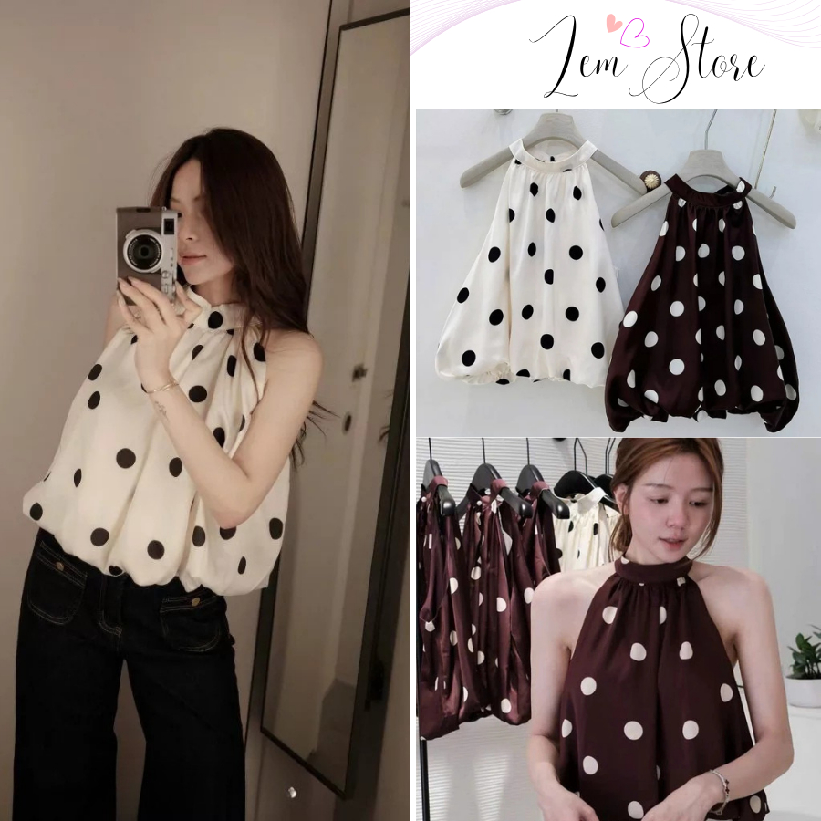 (Sẵn Hỏa Tốc)  Áo cổ yếm chấm bi to, Áo Lụa Satin dáng bí phồng 2 lớp kín lưng xinh xắn