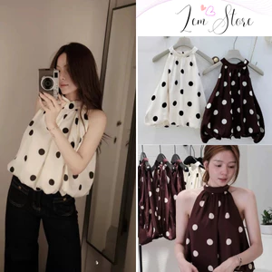 Áo cổ yếm chấm bi to, Áo Lụa Satin dáng bí phồng 2 lớp kín lưng xinh xắn