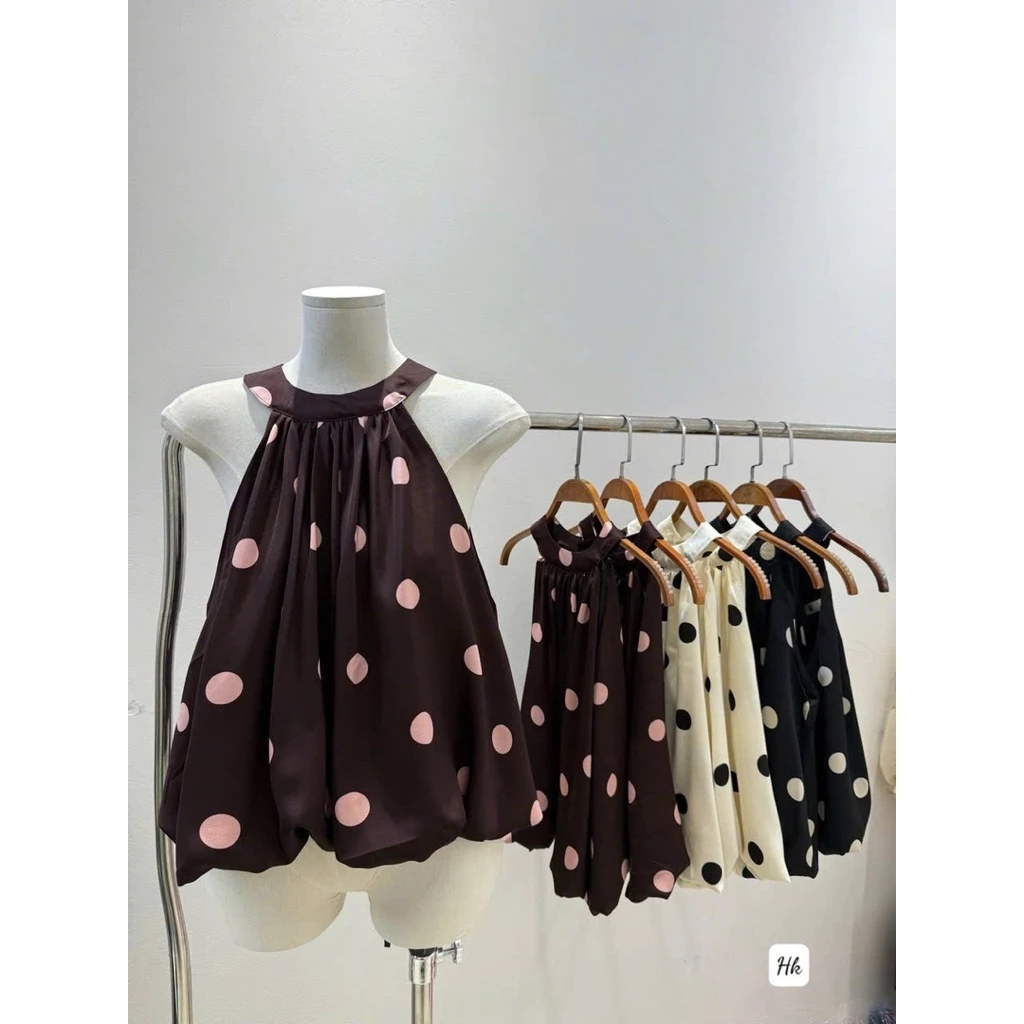 (Sẵn Hỏa Tốc)  Áo cổ yếm chấm bi to, Áo Lụa Satin dáng bí phồng 2 lớp kín lưng xinh xắn