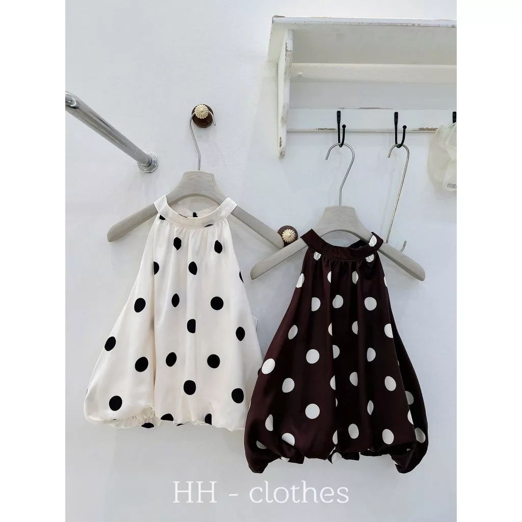 (Sẵn Hỏa Tốc)  Áo cổ yếm chấm bi to, Áo Lụa Satin dáng bí phồng 2 lớp kín lưng xinh xắn