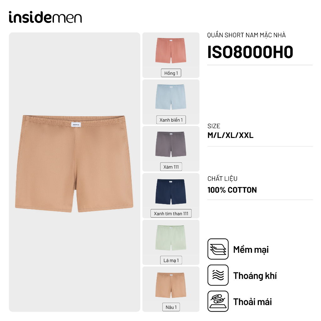 Quần short nam mặc nhà 100% Cotton Insidemen mát mẻ, khô thoáng, phần lưng chun không hằn ISO8000H0