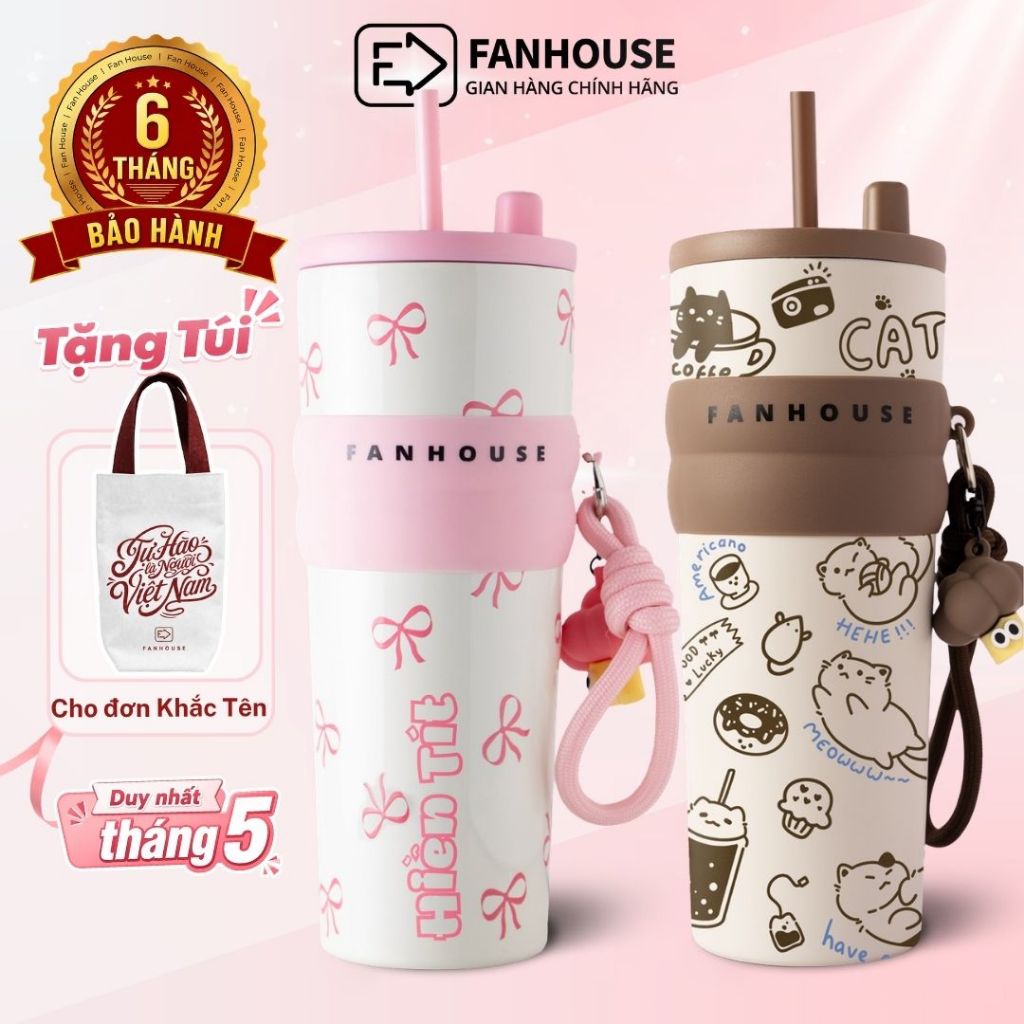 Bình giữ nhiệt khắc tên Fan House bình nước giữ nhiệt 12h inox 316 ống hút tiện lợi 710ml, chram 3D