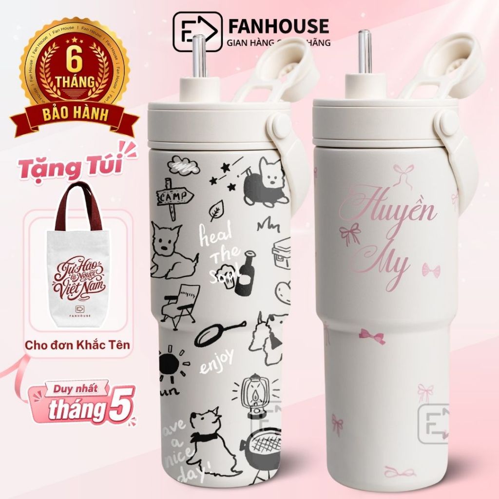 Ly giữ nhiệt Simply Inox 316 Phủ Sứ 735ml ống hút thủy tinh, cốc giữ nhiệt Fan House khắc tên