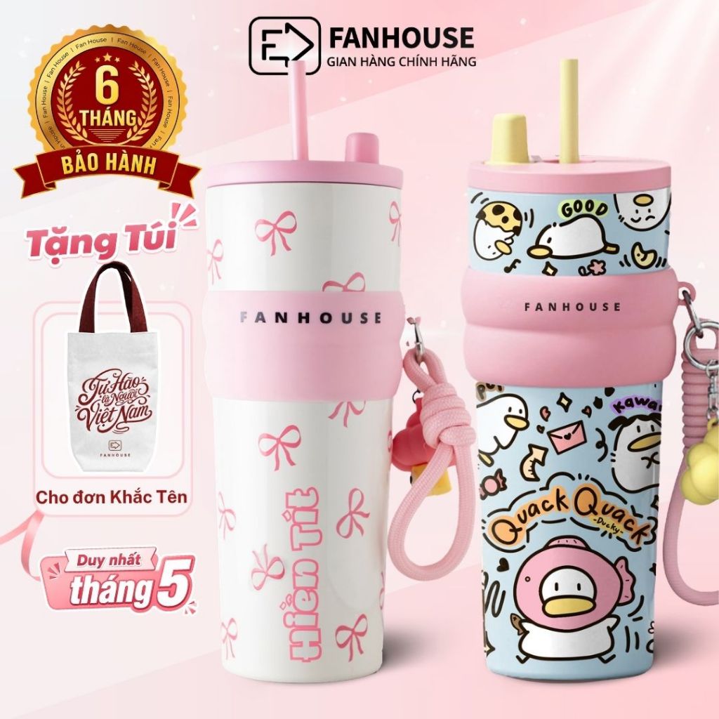 Bình giữ nhiệt khắc tên Fan House bình nước giữ nhiệt 12h inox 316 ống hút tiện lợi 710ml tặng charm