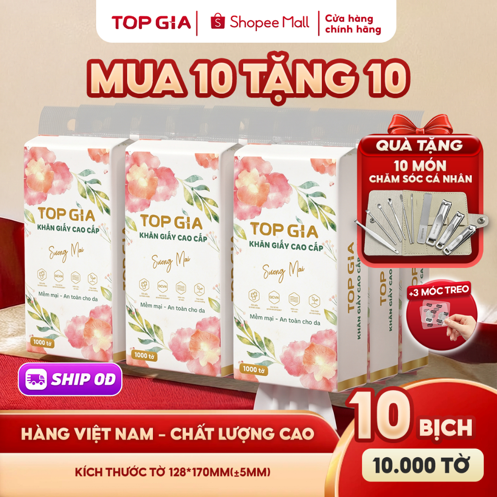 [MUA 10 TẶNG 10] khăn giấy rút đáy Sương Mai TopGia 10000 tờ hàng Việt Nam tặng bộ 10 món chăm sóc cá nhân