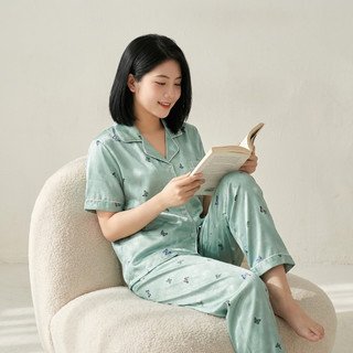 Bộ Đồ Ngủ Nữ Lụa Cước Ánh Kim Xanh Băng Họa Tiết Bướm Tay Ngắn Quần Dài Pijama Mặc Nhà Cao Cấp