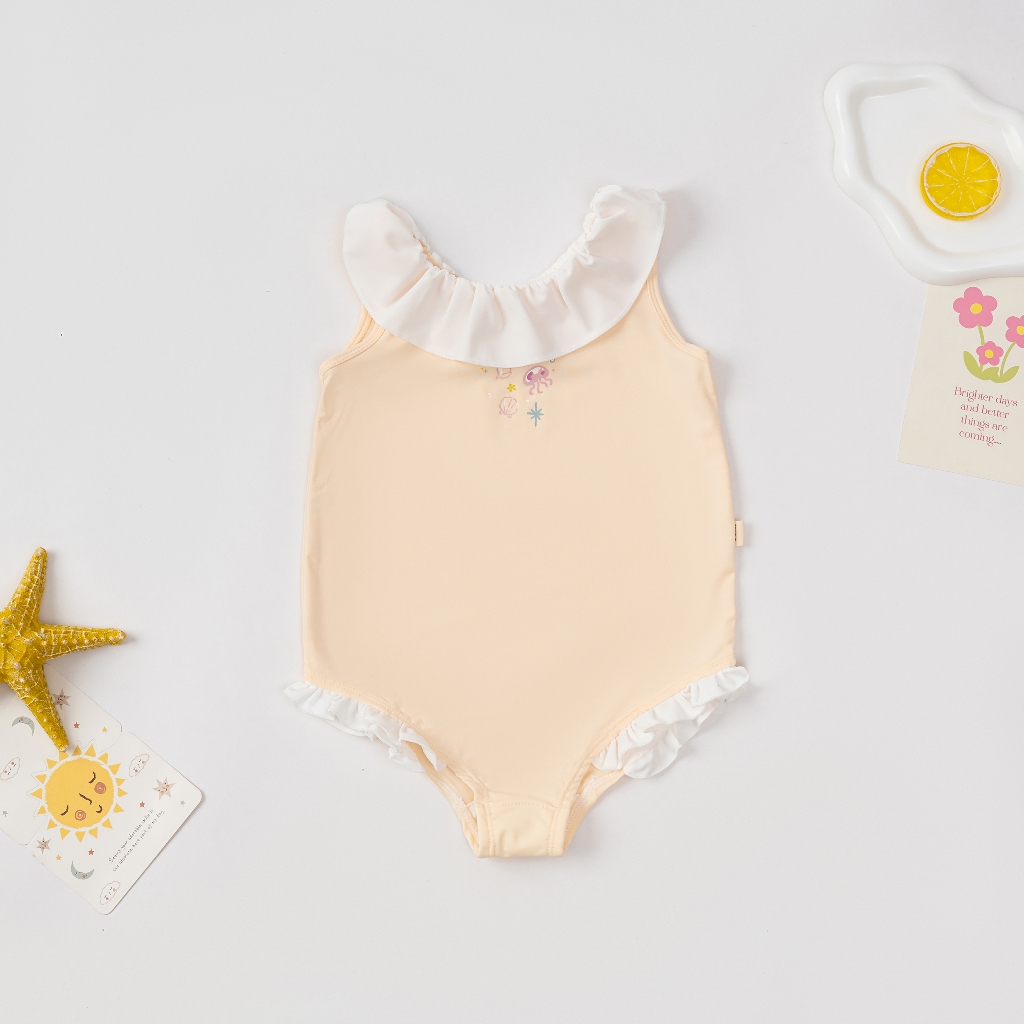 Đồ bơi bé gái liền thân phối bèo cổ tiểu thư dáng bodysuit, bikini một mảnh chất co giãn cao cấp cho bé từ 6 tháng đến 4