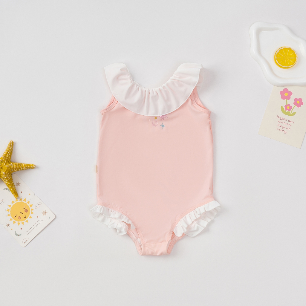 Đồ bơi bé gái liền thân phối bèo cổ tiểu thư dáng bodysuit, bikini một mảnh chất co giãn cao cấp cho bé từ 6 tháng đến 4