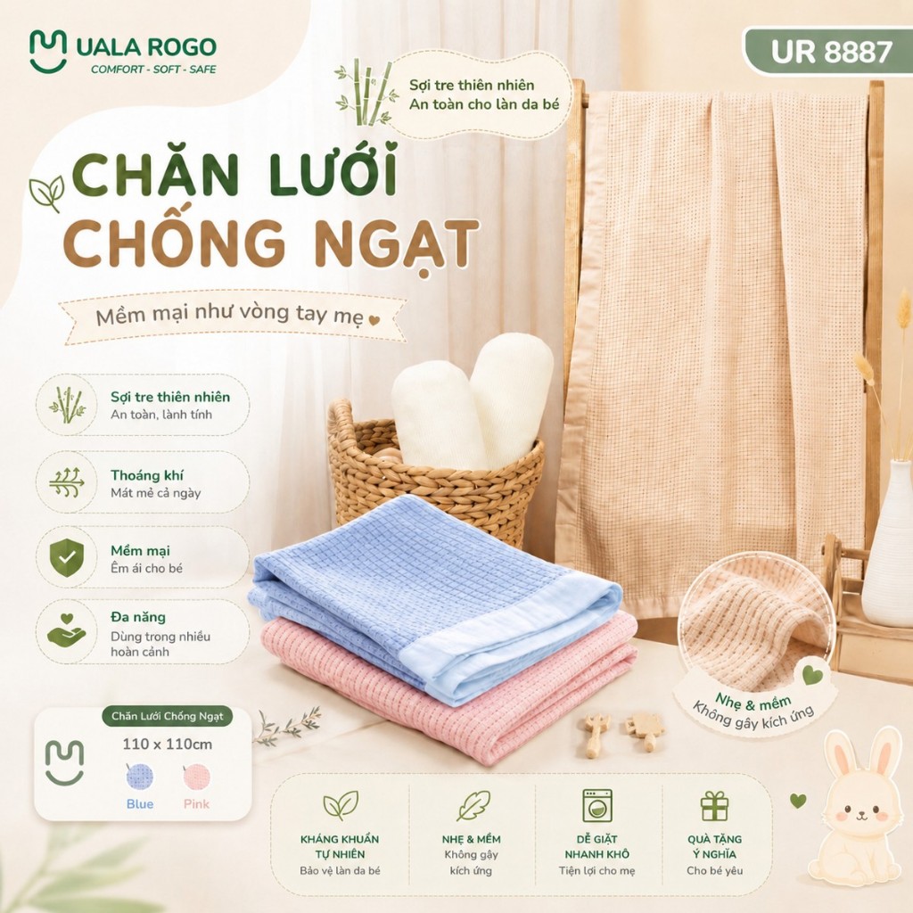 Chăn cho bé lưới sợi tre Ualarogo chống ngạt vải Bamboo mềm co giãn khử ...