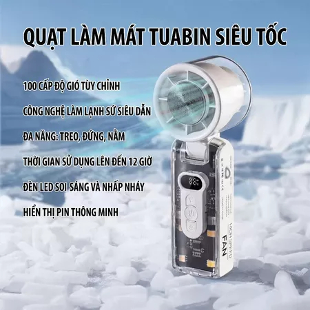 uạt Turbo Cầm Tay Làm Lạnh Bán Dẫn Tốc Độ Cao – Quạt Mini Cao Cấp Thiết Kế Trong Suốt, Màn LED Gió Mạnh, Sạc USB