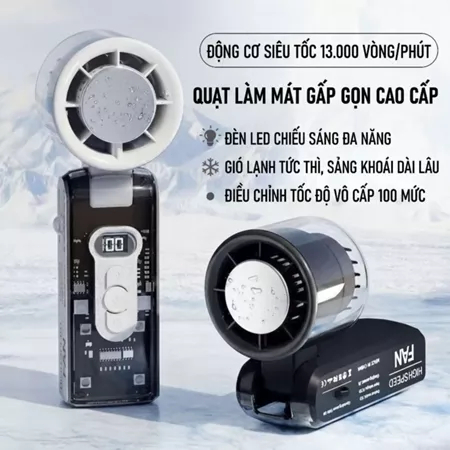 uạt Turbo Cầm Tay Làm Lạnh Bán Dẫn Tốc Độ Cao – Quạt Mini Cao Cấp Thiết Kế Trong Suốt, Màn LED Gió Mạnh, Sạc USB