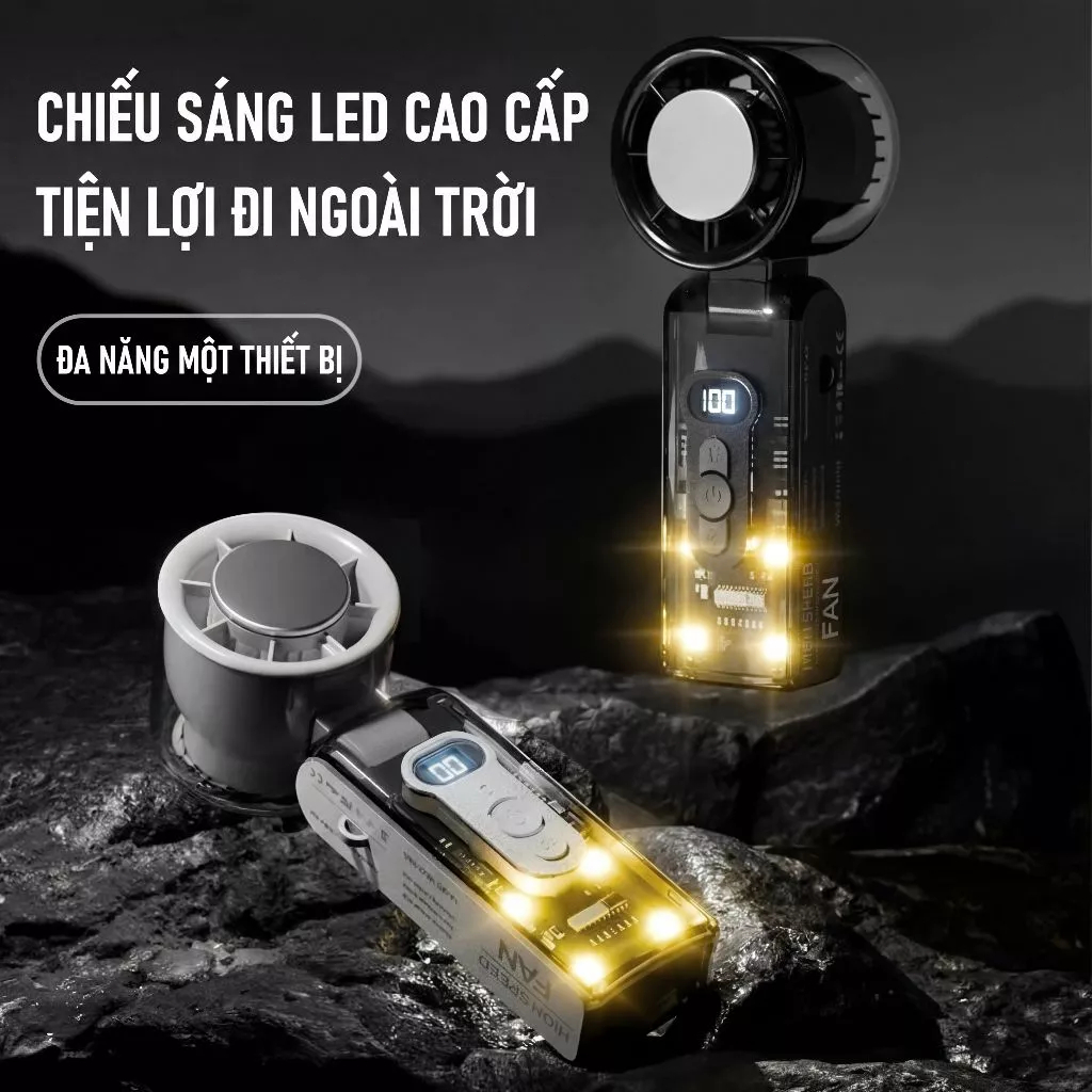 uạt Turbo Cầm Tay Làm Lạnh Bán Dẫn Tốc Độ Cao – Quạt Mini Cao Cấp Thiết Kế Trong Suốt, Màn LED Gió Mạnh, Sạc USB