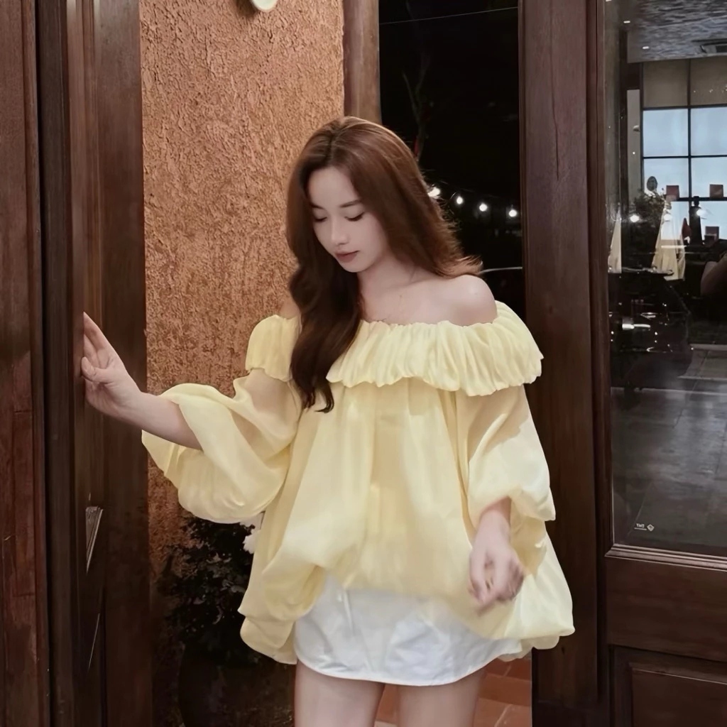 Áo Trễ Vai Viền Bèo Tay Bồng Tơ Dáng Bí Phồng Mềm Mại, Style Tiểu Thư