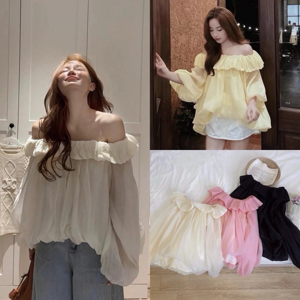 Áo Trễ Vai Viền Bèo Tay Bồng Tơ Dáng Bí Phồng Mềm Mại, Style Tiểu Thư