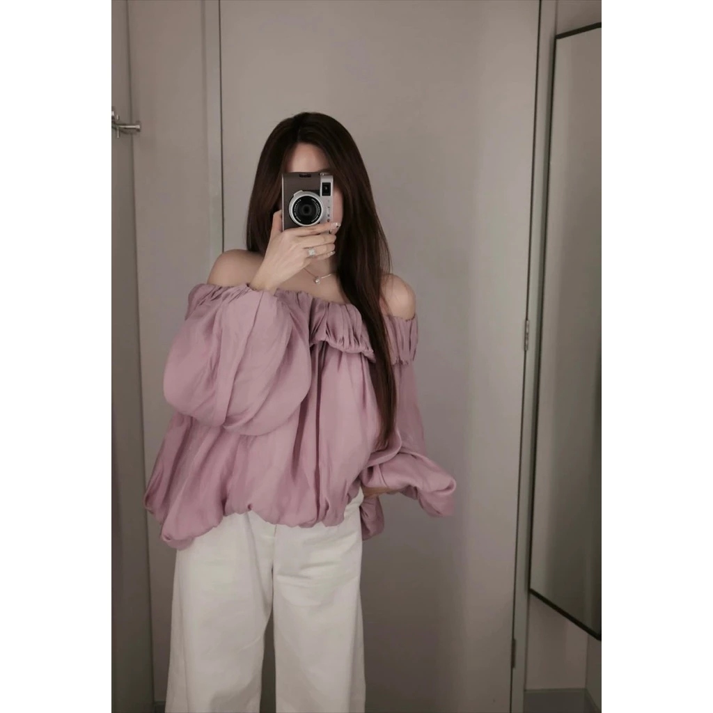 Áo Trễ Vai Viền Bèo Tay Bồng Tơ Dáng Bí Phồng Mềm Mại, Style Tiểu Thư