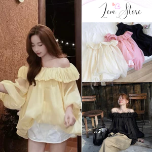 Áo Trễ Vai Viền Bèo Tay Bồng Tơ Dáng Bí Phồng Mềm Mại, Style Tiểu Thư