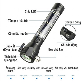 Đèn pin siêu sáng đa chức năng : pin dự phòng, pin sạc USB , sạc năng lượng, búa phá kính , chống nước, zoom xa 300m