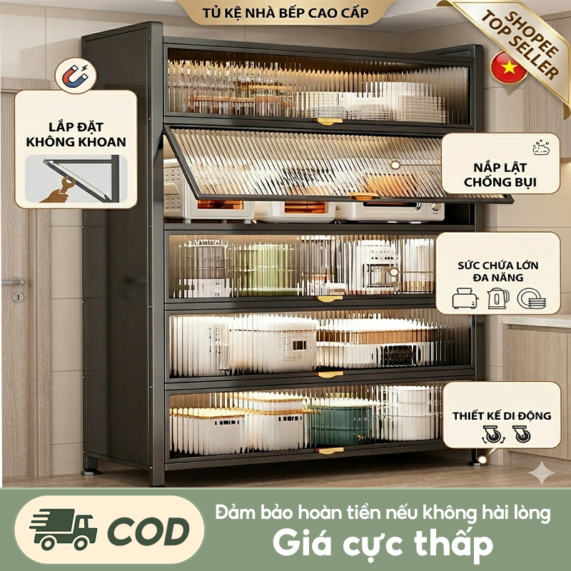 Kệ Tủ Bếp thép cacbon Kệ tủ đa năng có cửa trong suốt chống bụi tiện lợi Kệ để đồ nhà bếp đẹp mắt