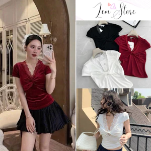 Áo Thun Body Cổ V Xoắn Ngực Phối Viền Ren Áo Ôm Body 3 Màu Thanh Lịch Tôn Dáng
