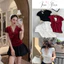 Áo Thun Body Cổ V Xoắn Ngực Phối Viền Ren Áo Ôm Body 3 Màu Thanh Lịch Tôn Dáng