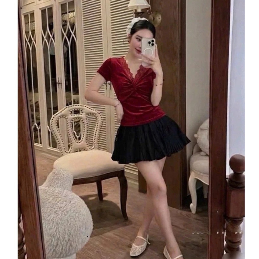 (Sẵn Hỏa Tốc) Áo Thun Body Cổ V Xoắn Ngực Phối Viền Ren Áo Ôm Body 3 Màu Thanh Lịch Tôn Dáng