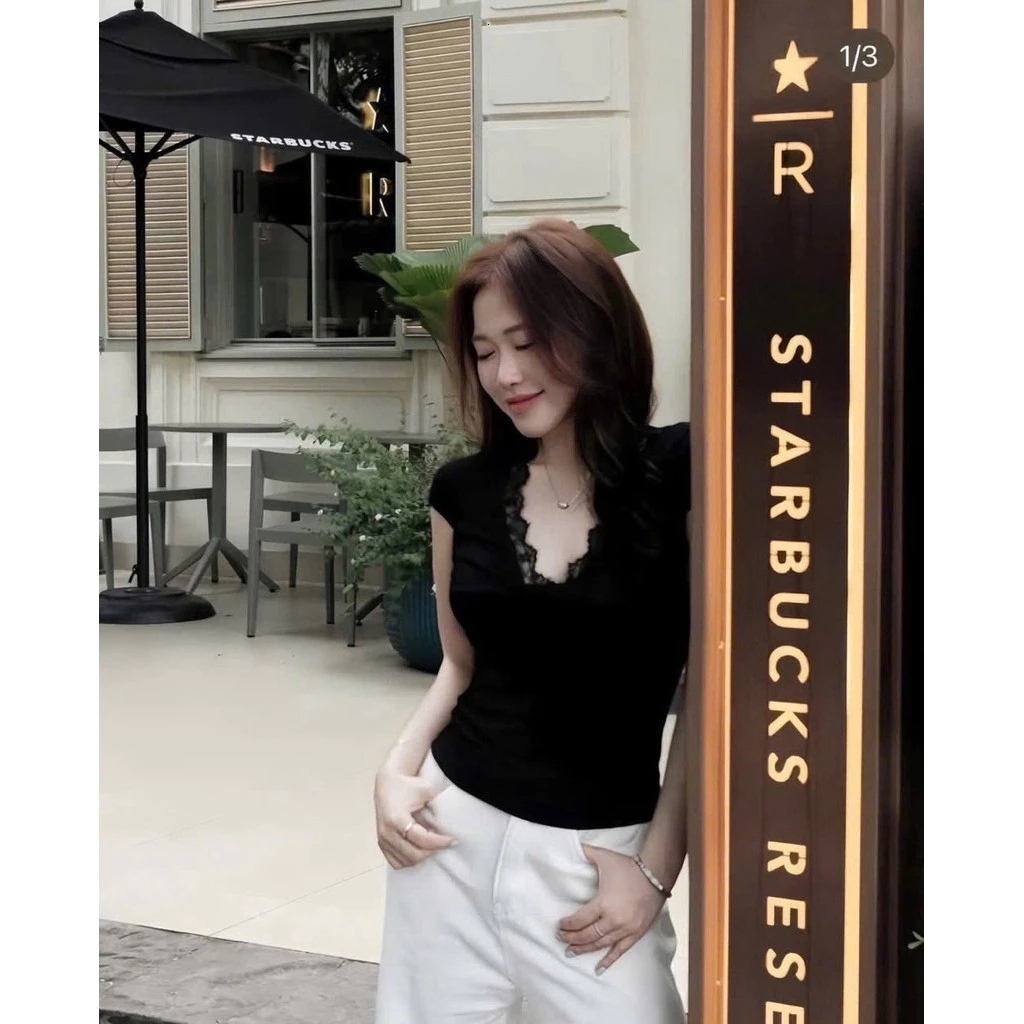 (Sẵn Hỏa Tốc) Áo Thun Body Cổ V Xoắn Ngực Phối Viền Ren Áo Ôm Body 3 Màu Thanh Lịch Tôn Dáng