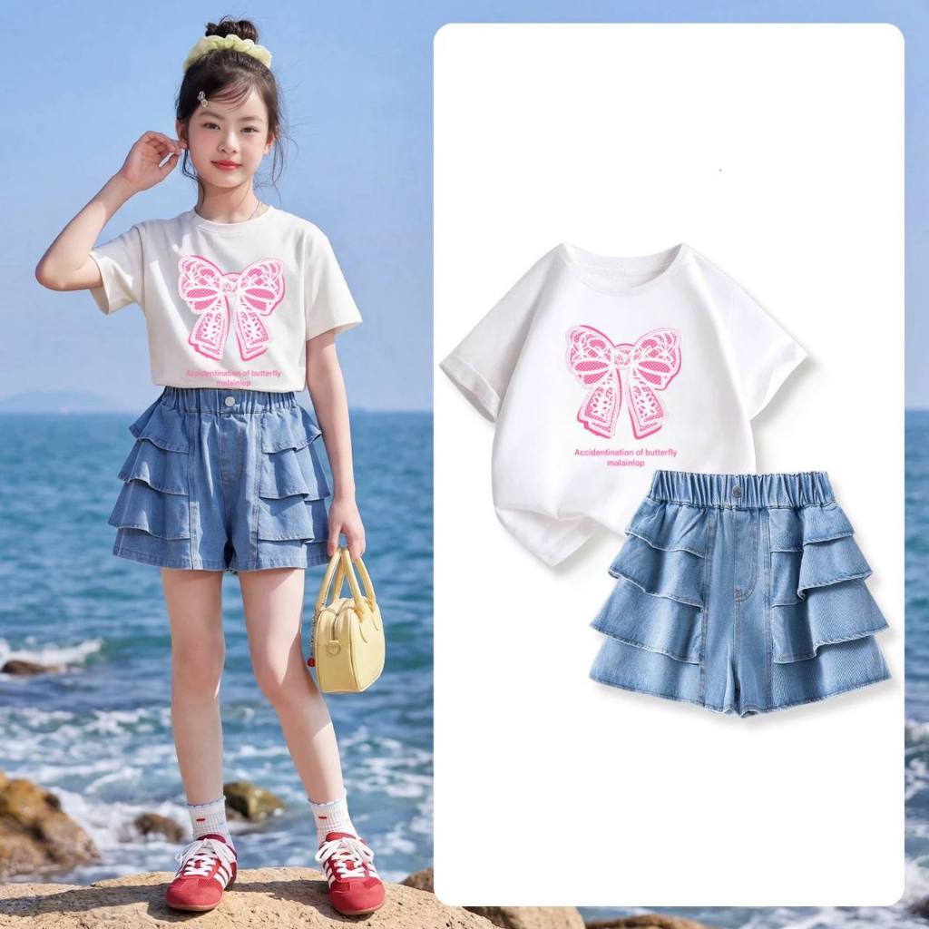 Áo cotton in nơ hồng cho bé gái size đại BEESHOP H26073