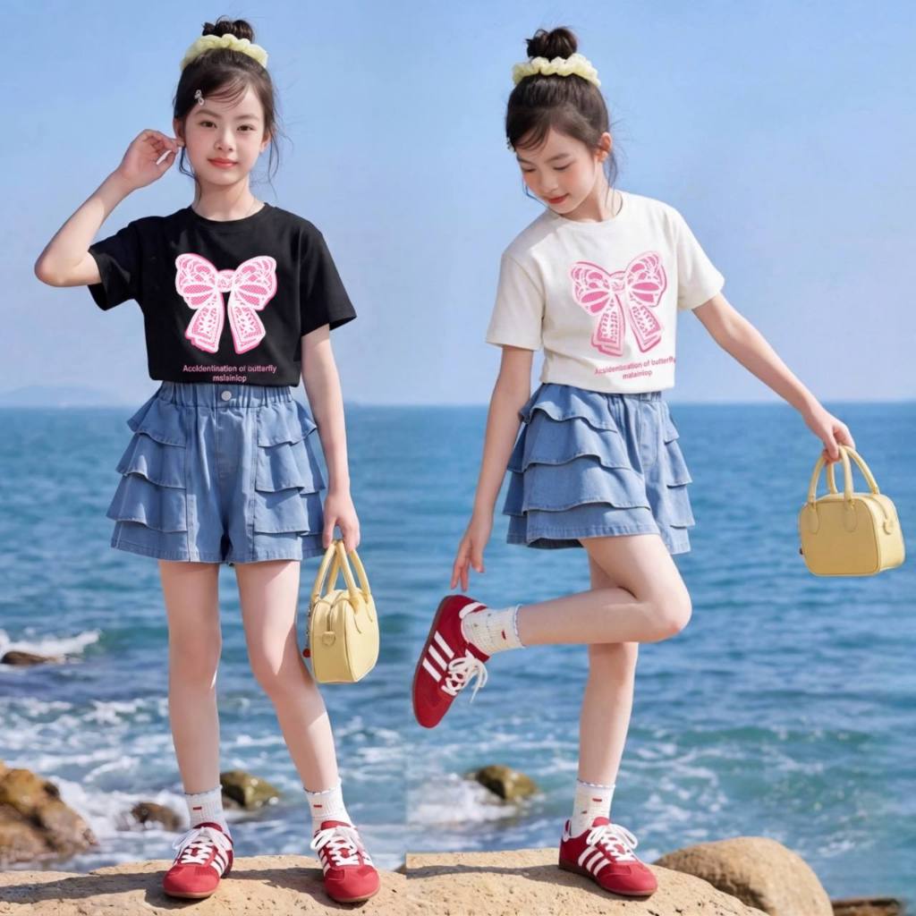 Áo cotton in nơ hồng cho bé gái size đại BEESHOP H26073