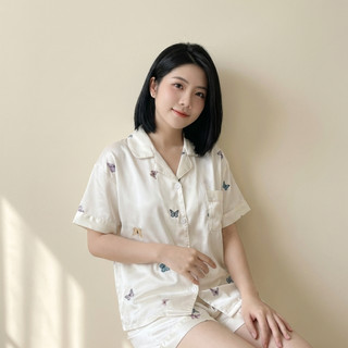 Bộ Pijama Lụa Nữ Họa Tiết Cún Xinh Tay Ngắn Quần Short Mặc Nhà Dễ Thương Cao Cấp [THỎ BƯỚM]