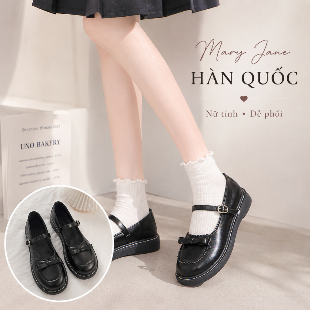 Giày Mary Jane Nữ Đính Nơ – Giày Tiểu Thư Hàn Quốc Quai Cài Dễ Phối