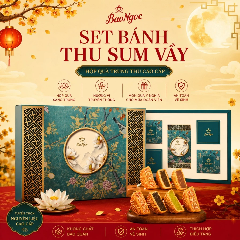 [80g/Bánh] SET "THU SUM VẦY -  Hộp 4 Bánh Nướng + 1 Trà Mạn Trung Thu Bảo Ngọc Cao Cấp Thu Sum Vầy