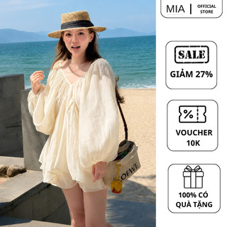 Set đi biển babydoll tay phồng dáng rộng phối quần short nữ tính phong cách Hàn Quốc MIA S188