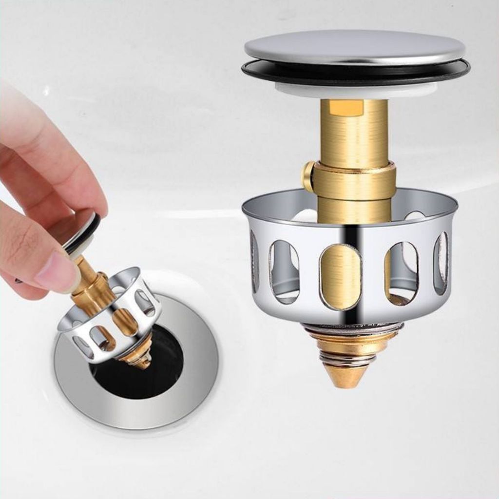 Nút Nhấn Xả Lavabo Lõi Đồng Thau Kèm Rổ Lọc Tóc, Lõi Nút Nhấn Chậu Rửa Mặt Đa Năng Thay Thế