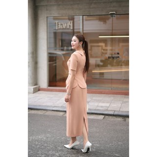 Áo Peplum Chân Váy Midi Cam Đất Xoắn Eo Thiết Kế Charllot Công Sở Nữ Thanh Lịch Chất Crepe Ít Nhăn