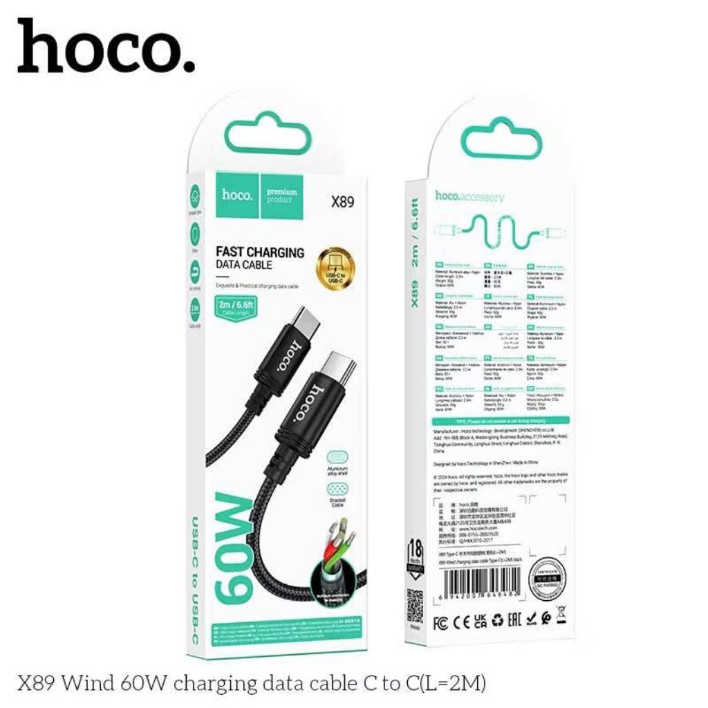 Dây sạc nhanh typec to typec 60w Hoco X89 cáp sạc bọc dù dài 2m
