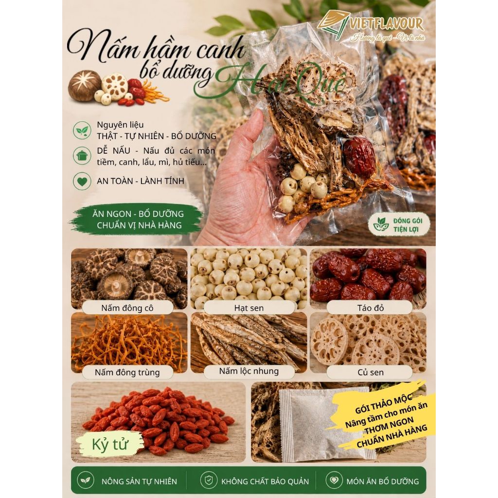 Gói nấm hầm canh bổ dưỡng giá rẻ Hai Quê 🎁 TẶNG Gói thảo mộc ĐỘC QUYỀN | VIETFLAVOUR