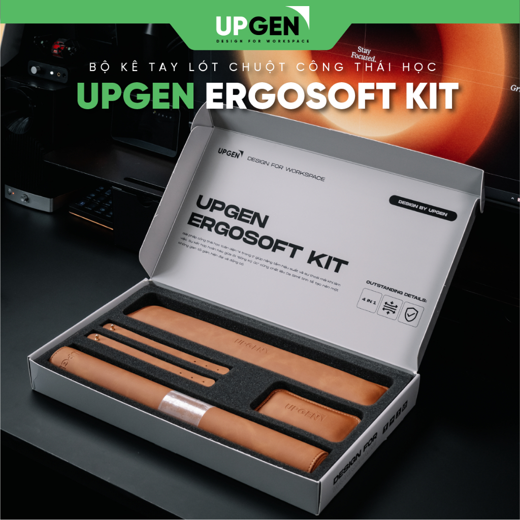 UPGEN ERGOSOFT KIT Bộ Phụ Kiện Công Thái Học 4-IN-1 Tấm Lót Bàn Kê Tay Trái/Phải Dây Buộc Cáp