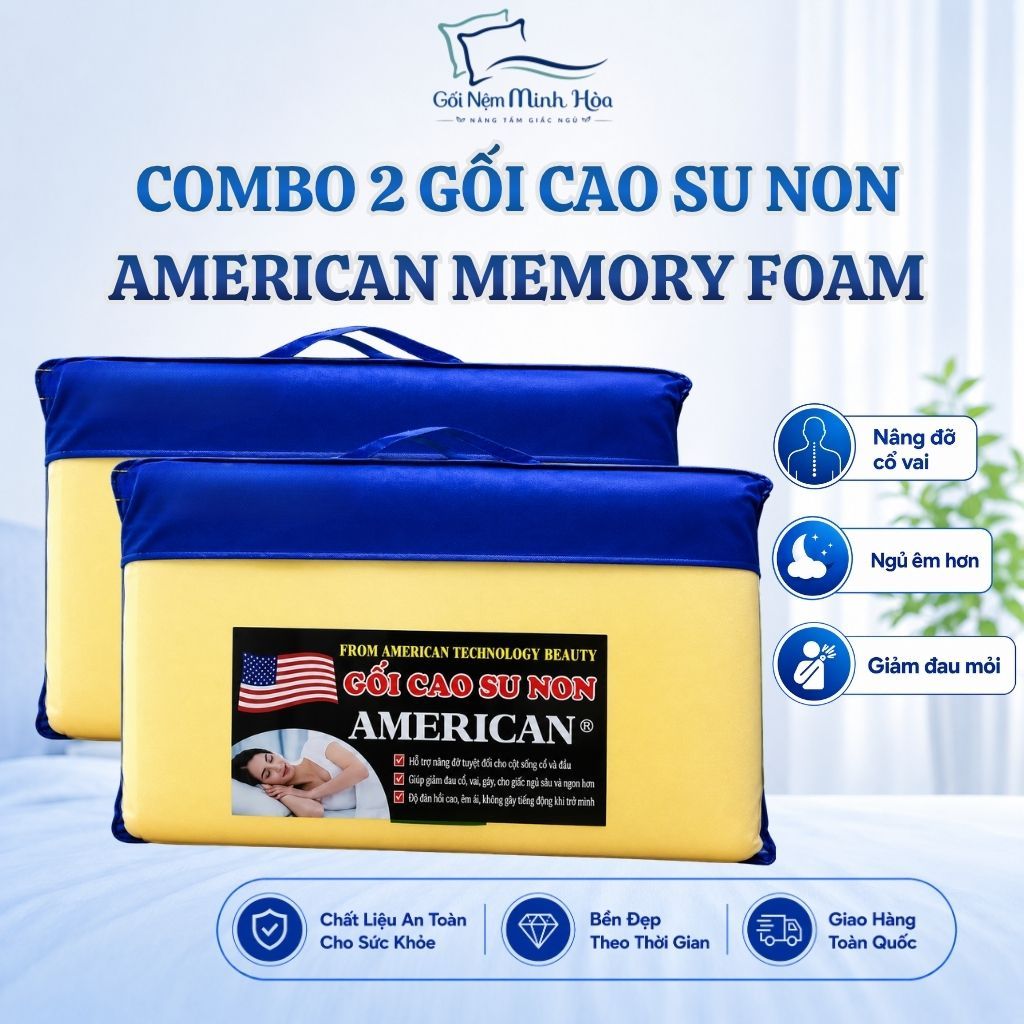 [Combo 2 Gối] Gối Nằm Cao Su Memoniform American - Hỗ Trợ Giấc Ngủ, Giảm Đau Vai Gáy, Đàn Hồi Tốt, Kích Thước 40x60cm