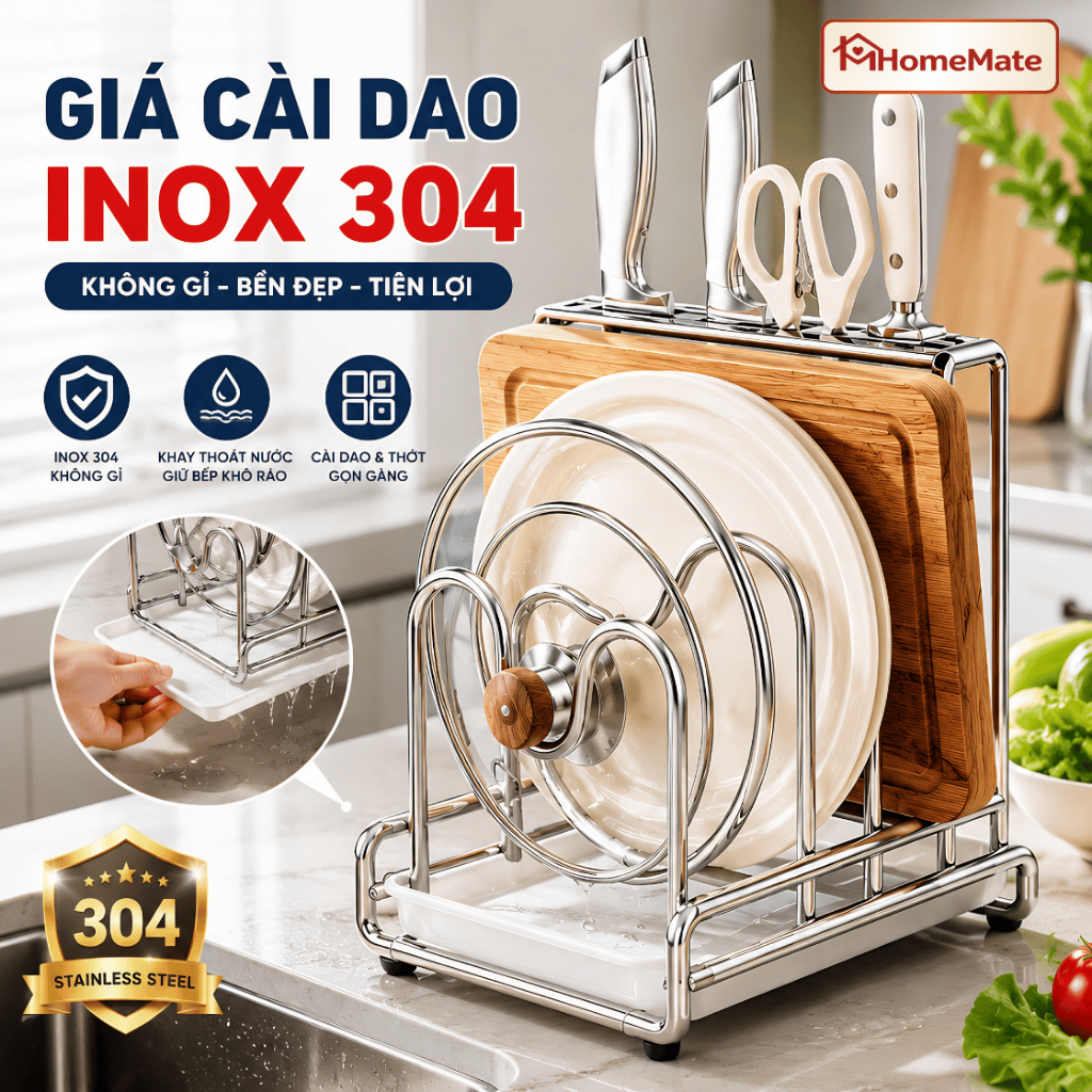 Giá Cài Dao HomeMate Inox 304 Không Gỉ Kèm Khay Thoát Nước, Kệ Để Dao Thớt Nắp Nồi 3 Ngăn Đa Năng