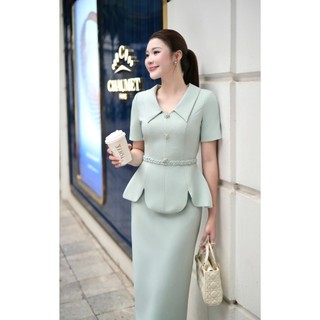Áo Peplum Nữ Chân Váy Midi Xanh Xoắn Eo Thiết Kế Charllot Công Sở Nữ Thanh Lịch Chất Crepe Ít Nhăn