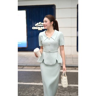 Áo Peplum Nữ Chân Váy Midi Xanh Xoắn Eo Thiết Kế Charllot Công Sở Nữ Thanh Lịch Chất Crepe Ít Nhăn