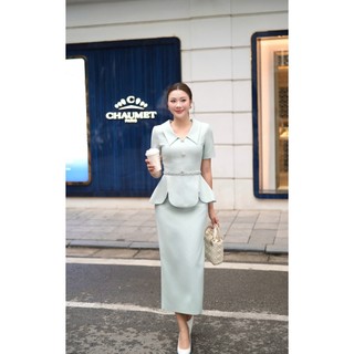 Áo Peplum Nữ Chân Váy Midi Xanh Xoắn Eo Thiết Kế Charllot Công Sở Nữ Thanh Lịch Chất Crepe Ít Nhăn