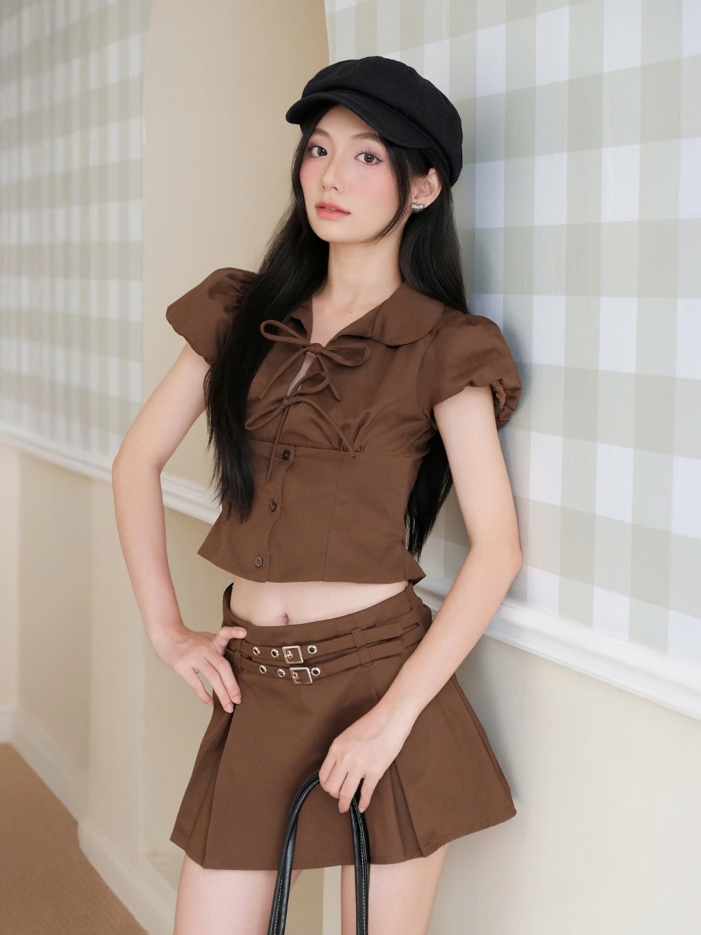 Set Nữ SIKYAN Áo Tay Phồng Thắt Nơ, Chân Váy A Phối Belt Cá Tính ...