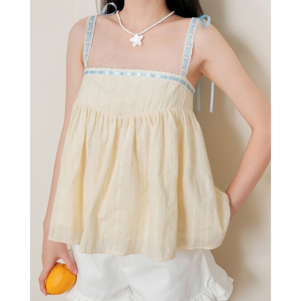 Áo Nữ INFLAT TOP Babydoll Màu Pastel Phối Ruy Băng Ngọt Ngào SECODEE