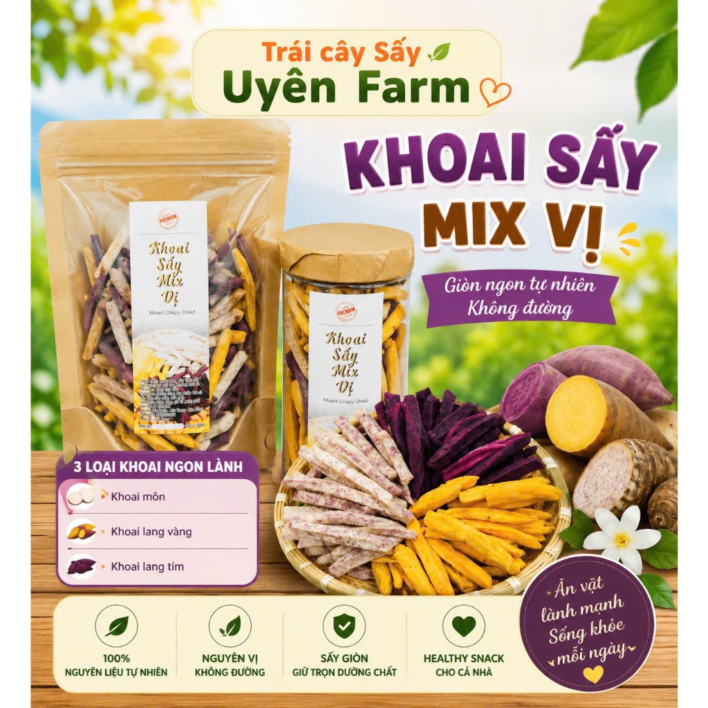 Mix khoai lang sấy vàng,tím,khoai môn sấy hàng nguyên cọng dài,không đường,giòn ngọt tự nhiên