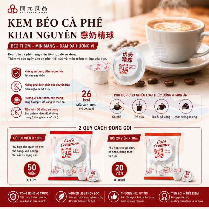 Kem sữa thực vật Creation Food Đài Loan, Coffee Creamer Thơm, Béo, Ngon, 20hộp/túi (1hộp/10ml)