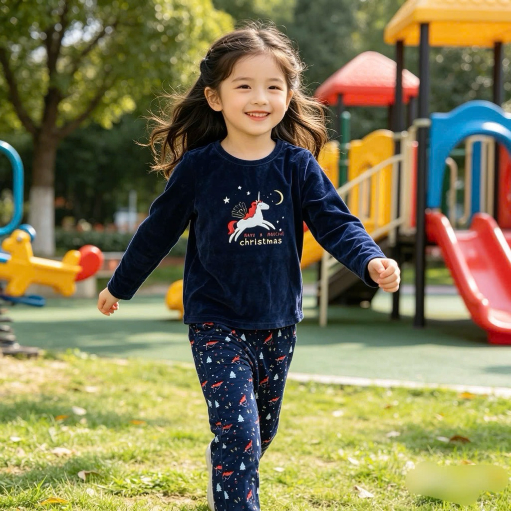 Set Bộ Bé Gái Nhung Lông Hoạ Tiết Giáng Sinh A200 Ấm Áp Mặc Noel Size 2-14Y (12-42kg)