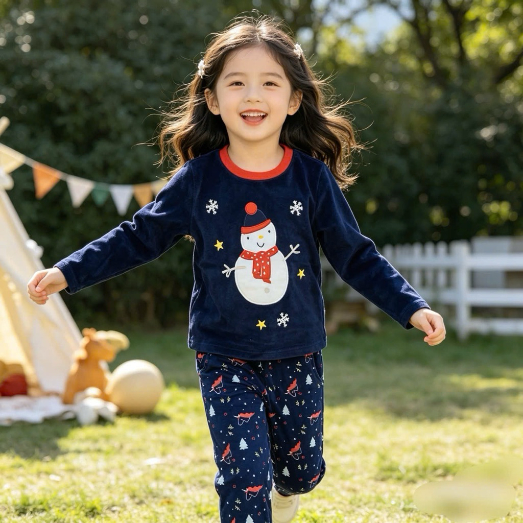 Set Bộ Bé Gái Nhung Lông Hoạ Tiết Giáng Sinh A200 Ấm Áp Mặc Noel Size 2-14Y (12-42kg)
