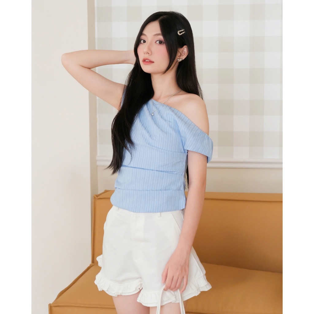 Áo Nữ TULEY TOP Trễ Vai Họa Tiết Kẻ Sọc Chiết Eo Tôn Dáng SECODEE